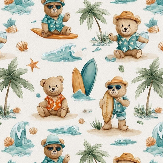 Beach Bear Watercolor Fabric, Summer Vacation Teddy, Tropical Animal Textile