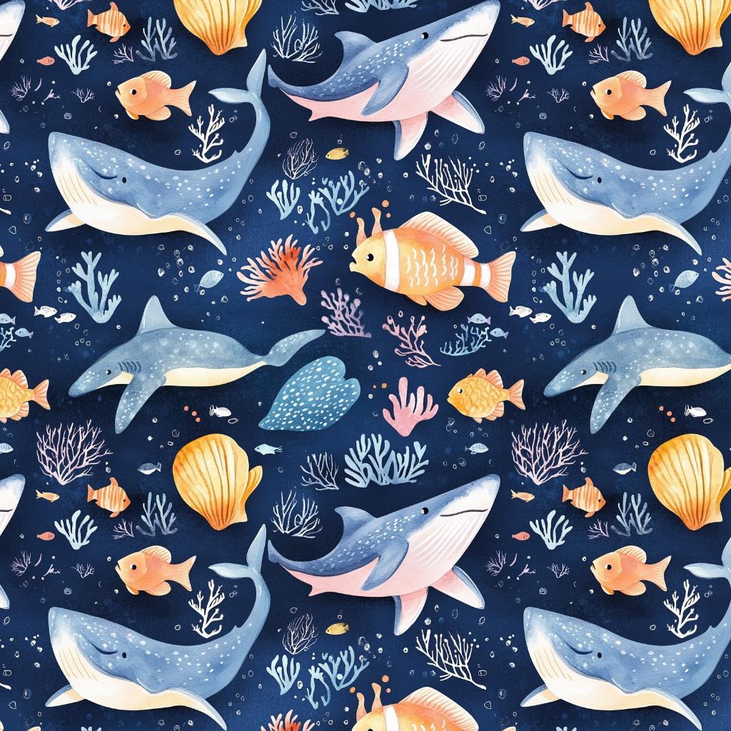 Ocean Animals Fabric, Watercolor Whales Sharks Fish, Baby Nursery Textile (Yard)