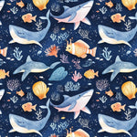Ocean Animals Fabric, Watercolor Whales Sharks Fish, Baby Nursery Textile (Yard)