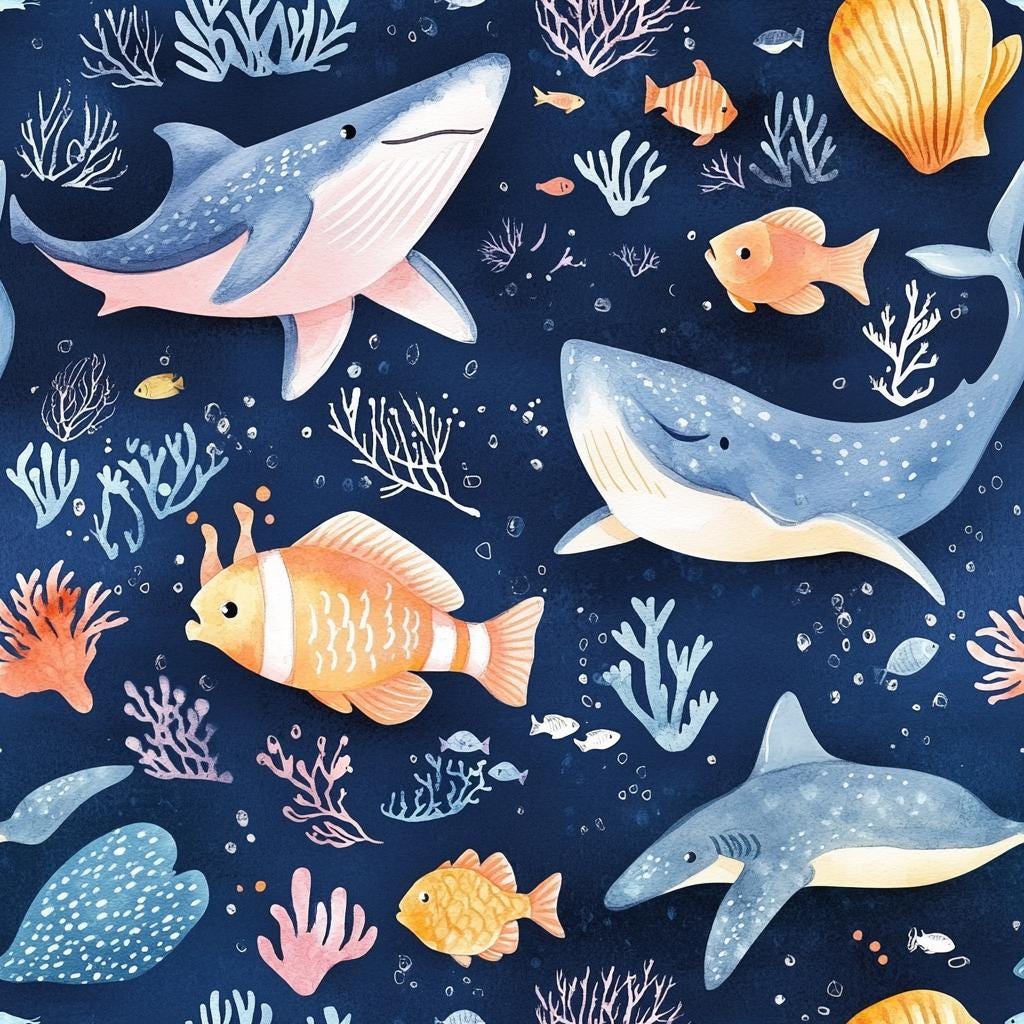 Ocean Animals Fabric, Watercolor Whales Sharks Fish, Baby Nursery Textile (Yard)