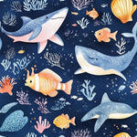 Ocean Animals Fabric, Watercolor Whales Sharks Fish, Baby Nursery Textile (Yard)