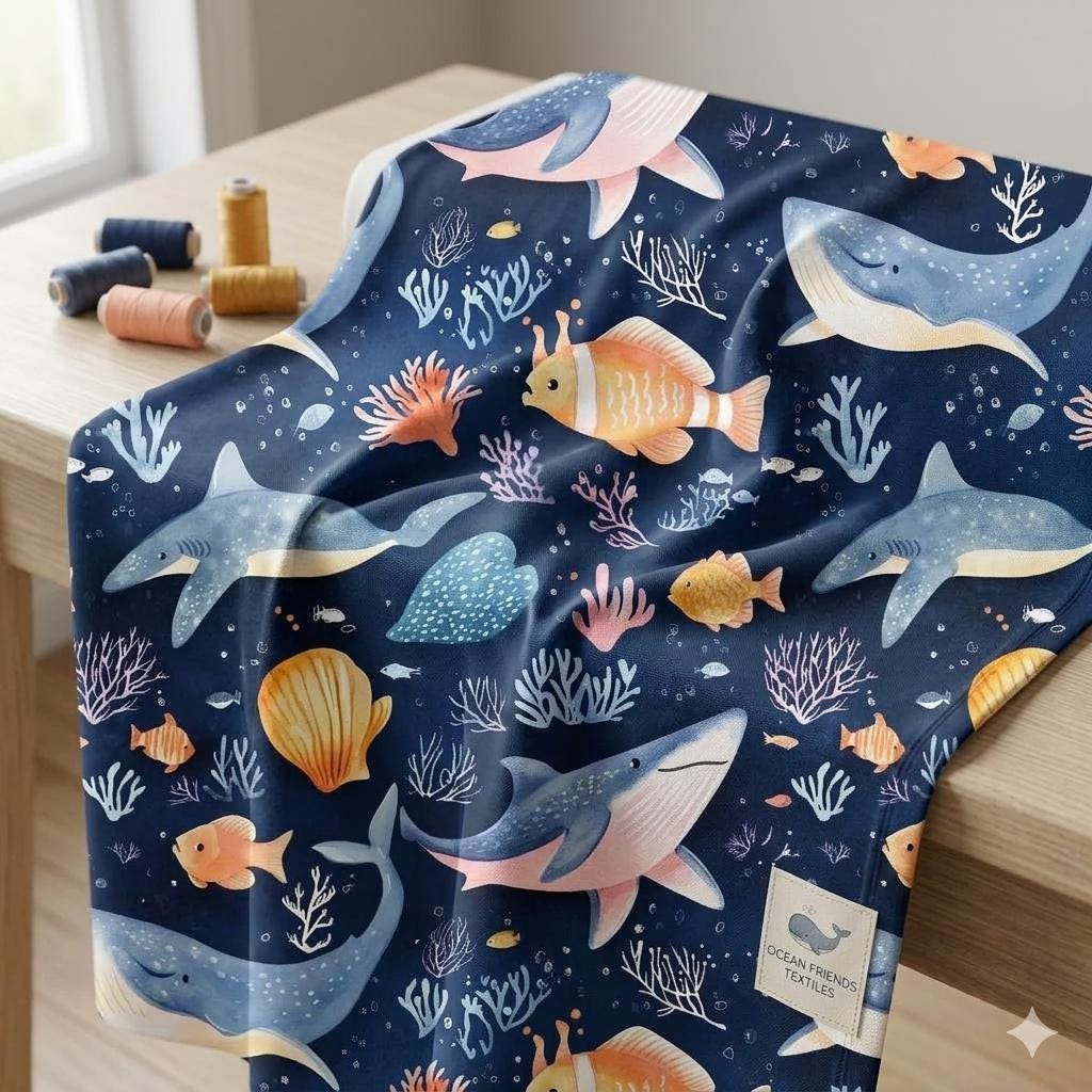 Ocean Animals Fabric, Watercolor Whales Sharks Fish, Baby Nursery Textile (Yard)