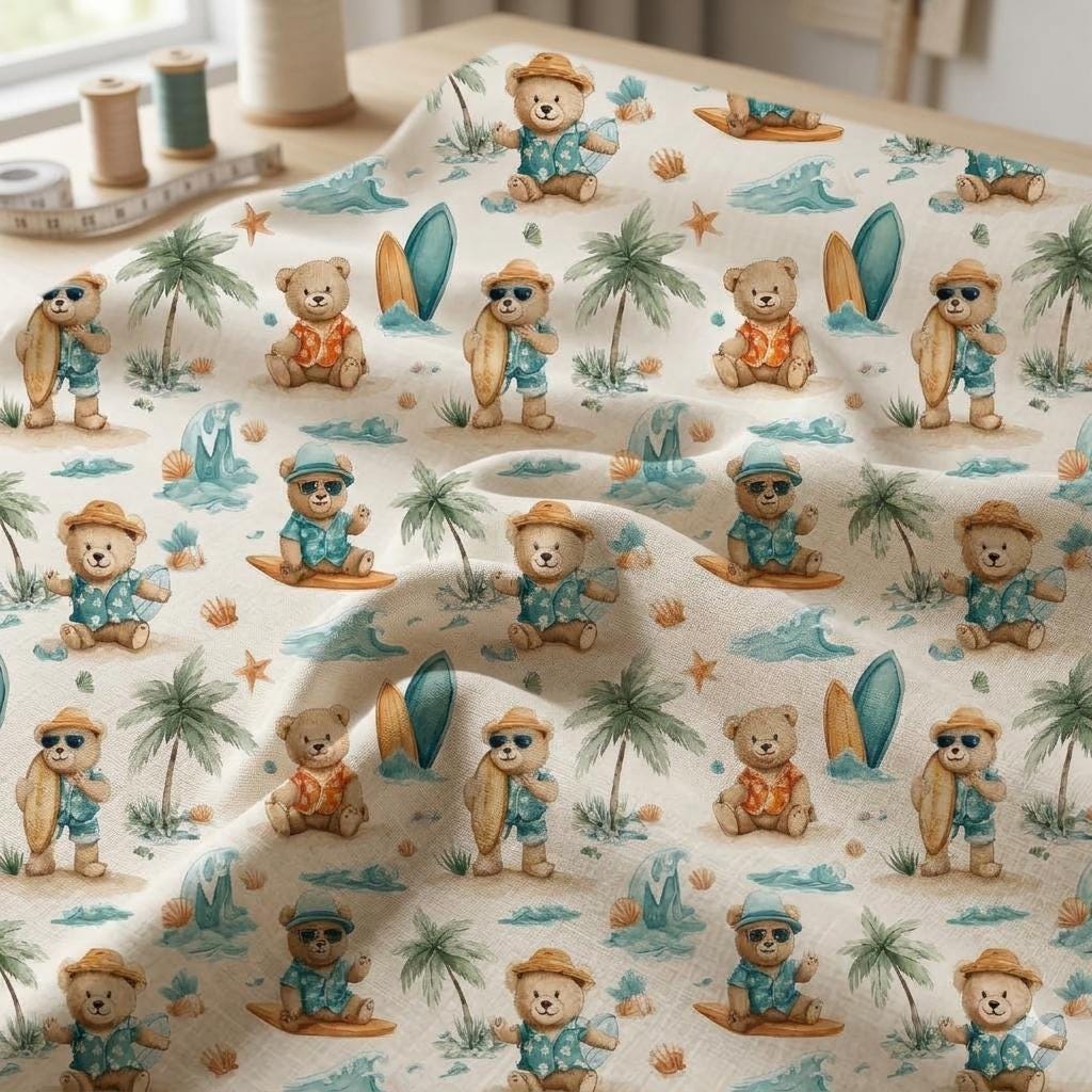 Beach Bear Watercolor Fabric, Summer Vacation Teddy, Tropical Animal Textile