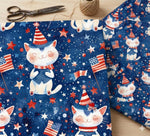 4th of July Cat Fabric, Patriotic Kitten Polyester Cloth, Red White Blue Textile