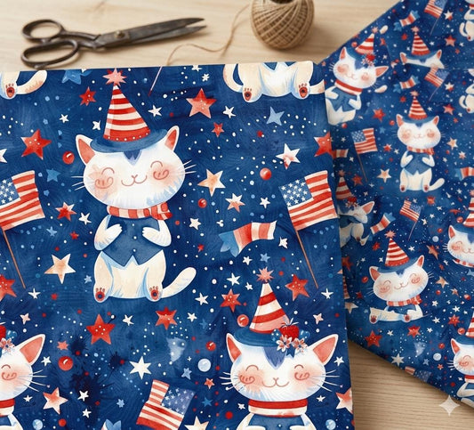 4th of July Cat Fabric, Patriotic Kitten Polyester Cloth, Red White Blue Textile
