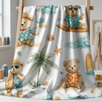 Beach Bear Watercolor Fabric, Summer Vacation Teddy, Tropical Animal Textile