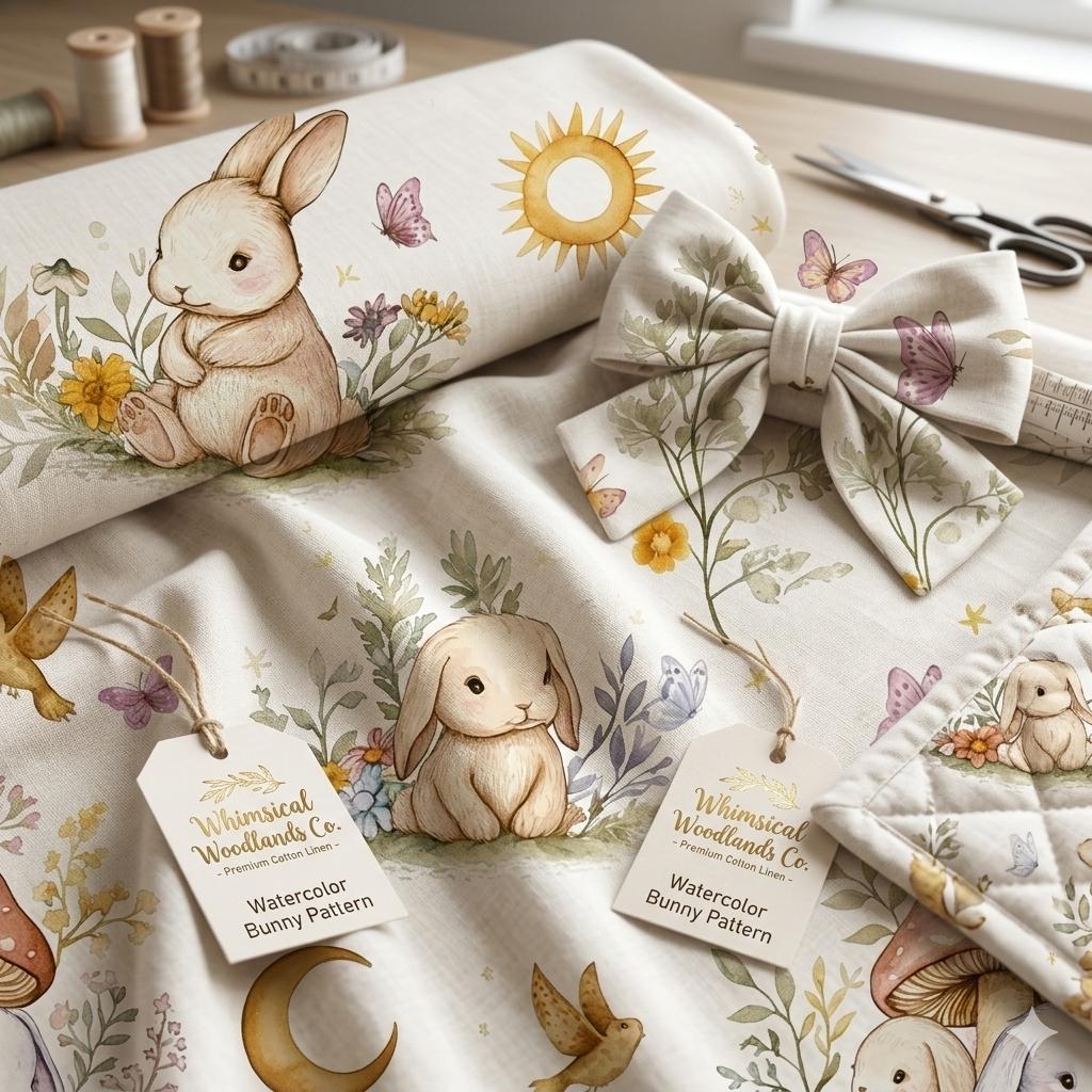 Woodland Watercolor Bunnies Fabric by Yard, Baby Nursery Sewing Textile
