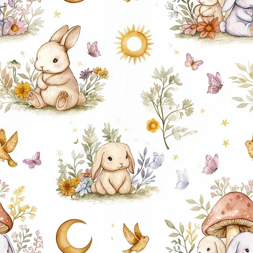 Woodland Watercolor Bunnies Fabric by Yard, Baby Nursery Sewing Textile