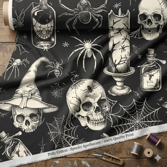 Vintage Halloween Skull, Spider Pattern, Gothic Witch Hat, Potion Bottles & Webs – Dark Spooky Seamless Design for Fabric,  Decor