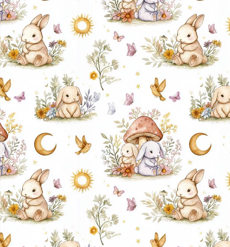 Woodland Watercolor Bunnies Fabric by Yard, Baby Nursery Sewing Textile