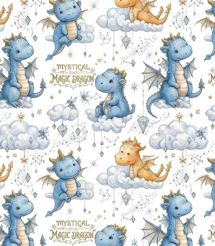 Dragon Nursery Fabric by the Yard, Watercolor Dragon Print for Baby Boy, Whimsical Fantasy Fabric, Magical Textile. Quilting & Sewing