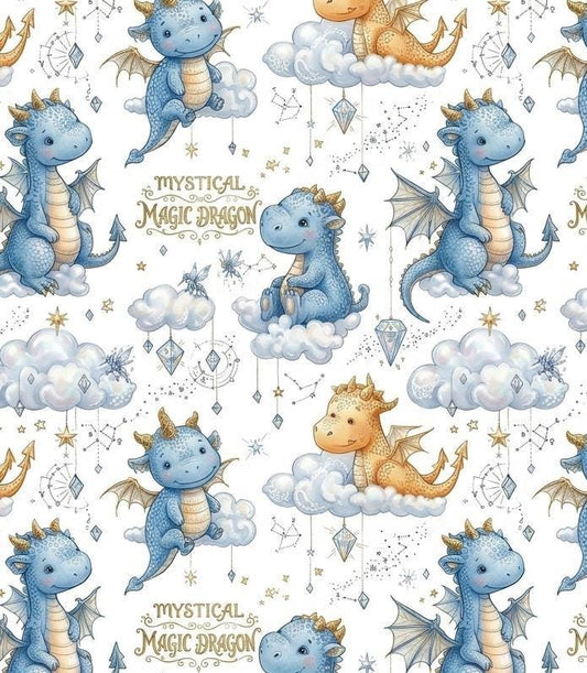 Dragon Nursery Fabric by the Yard, Watercolor Dragon Print for Baby Boy, Whimsical Fantasy Fabric, Magical Textile. Quilting & Sewing