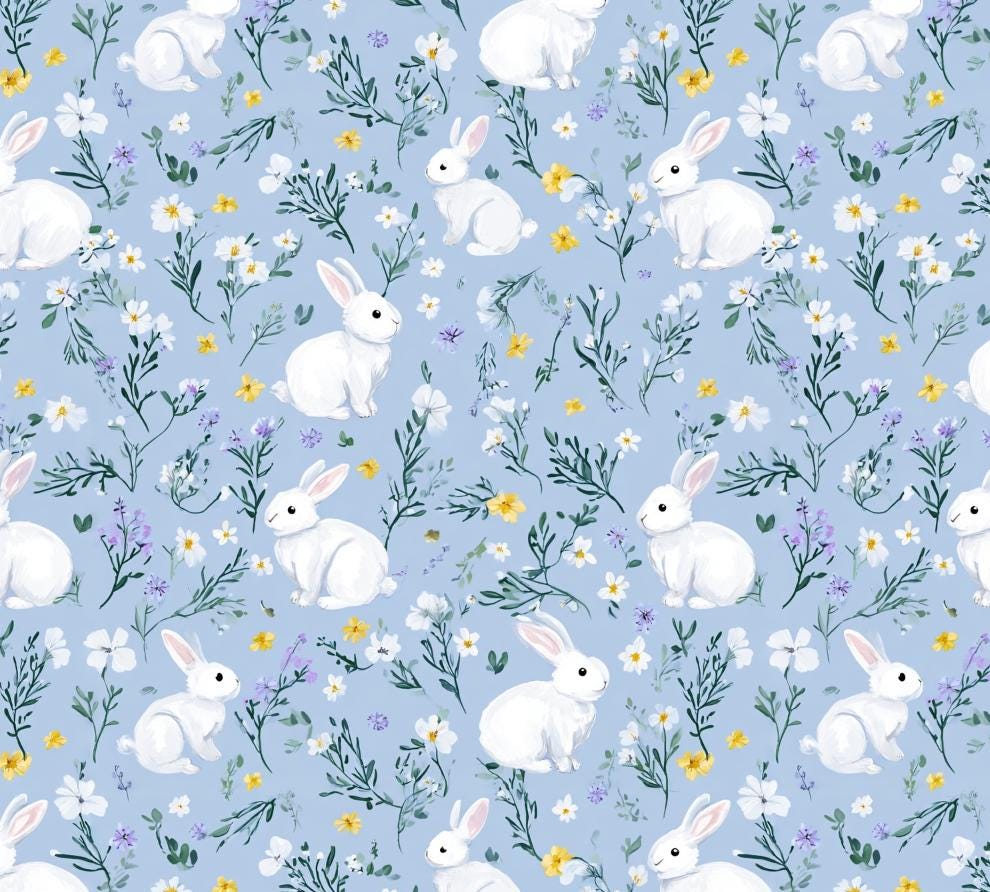 Watercolor Bunny Rabbits Fabric, Nursery Floral Print, Baby Sewing Cloth
