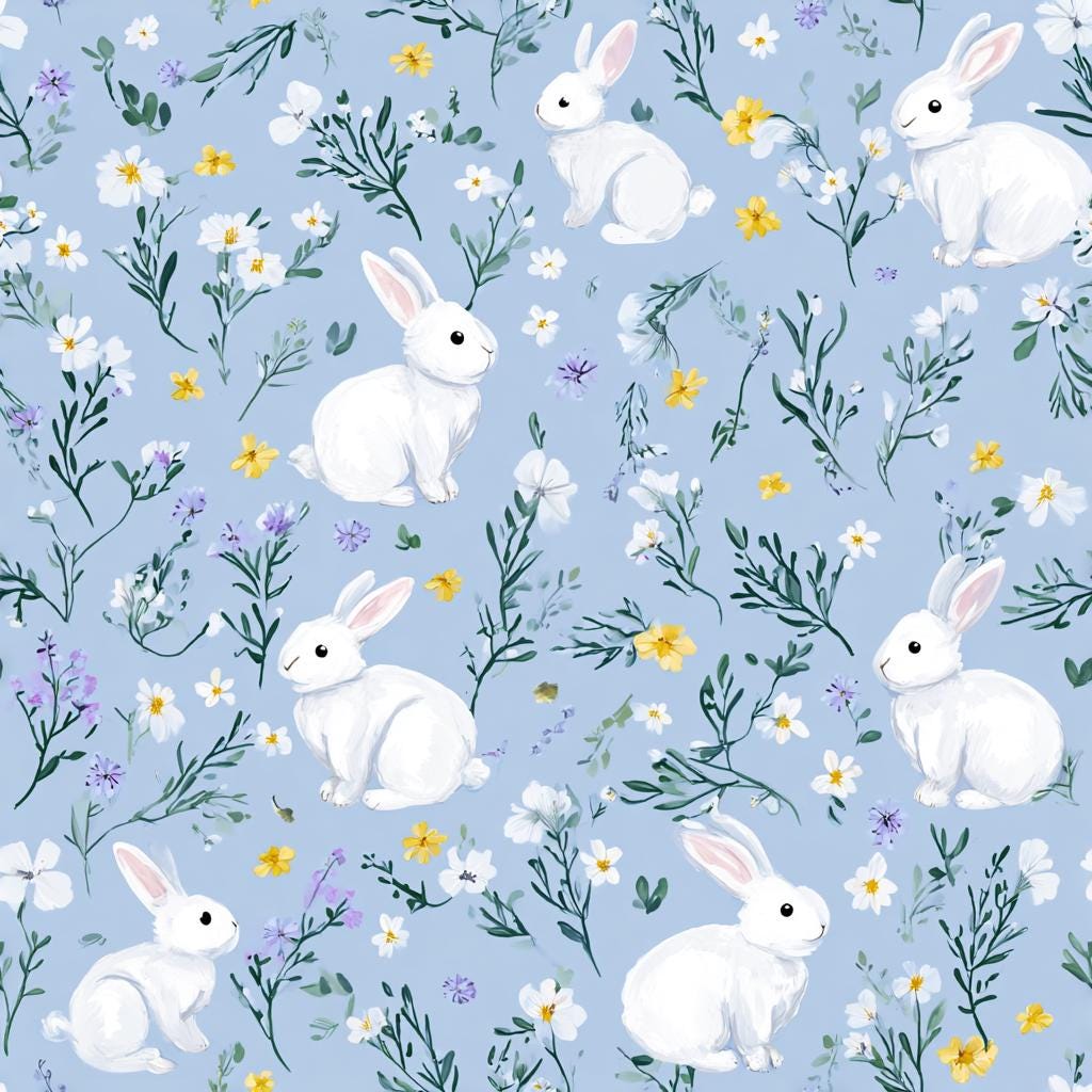 Watercolor Bunny Rabbits Fabric, Nursery Floral Print, Baby Sewing Cloth