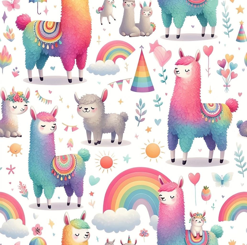 Watercolor Llama Fabric, Rainbow Nursery Decor, Kids Sewing Textile