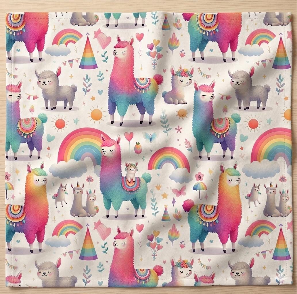Watercolor Llama Fabric, Rainbow Nursery Decor, Kids Sewing Textile