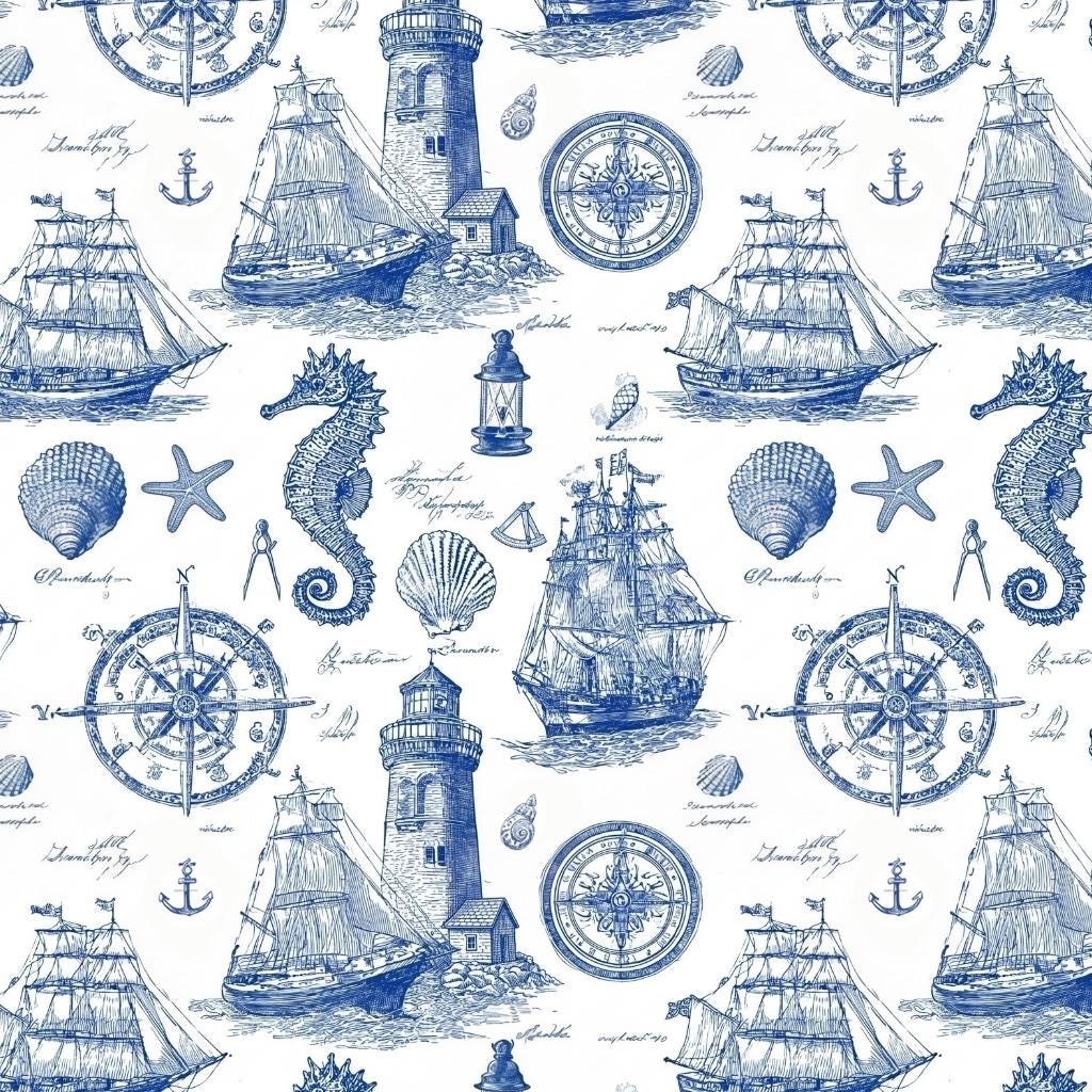 sea pattern, ocean Print Fabric by the Yard, Retro Lettering Polyester Cloth for Sewing, News Textile for DIY Crafts, Antique Style