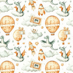 Nursery Fabric by Yard, Watercolor Dragons, Rockets, Hot Air Balloons, Kids Sewing Cloth