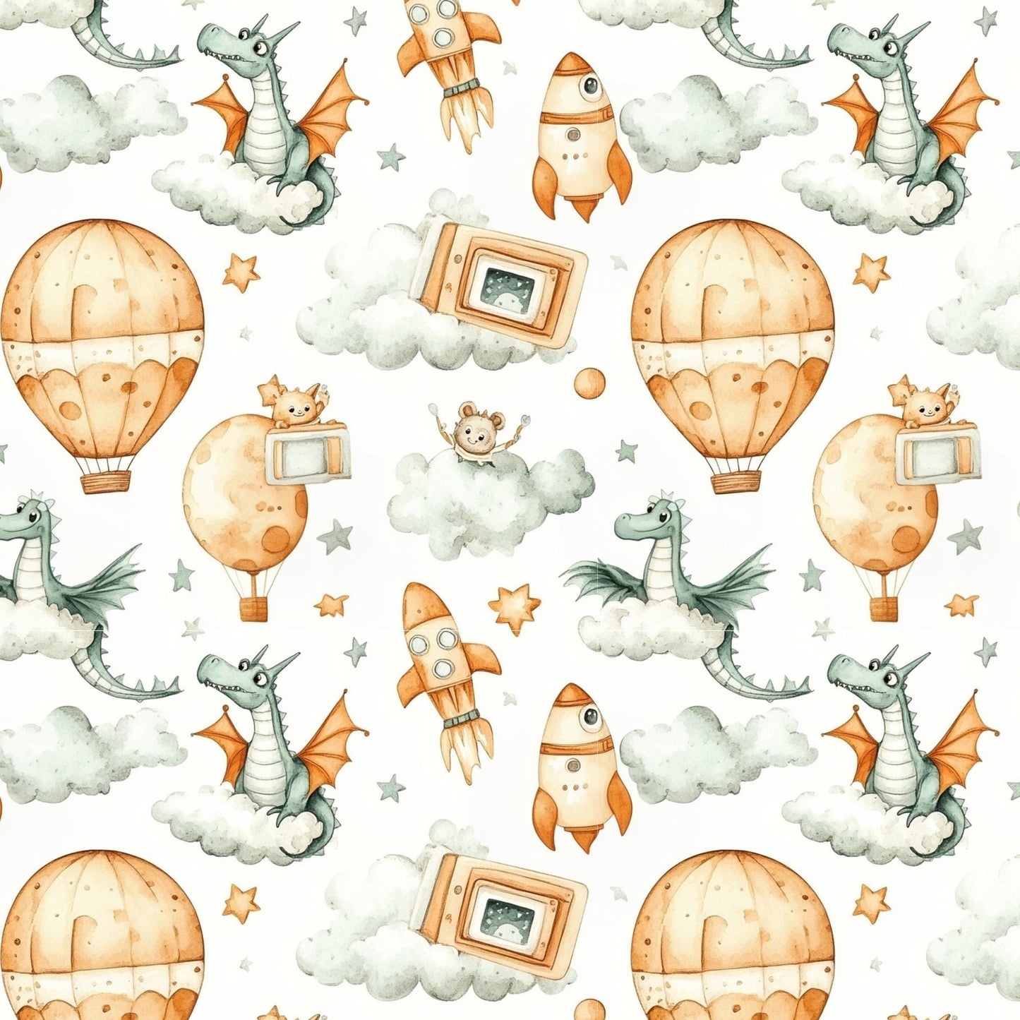 Nursery Fabric by Yard, Watercolor Dragons, Rockets, Hot Air Balloons, Kids Sewing Cloth