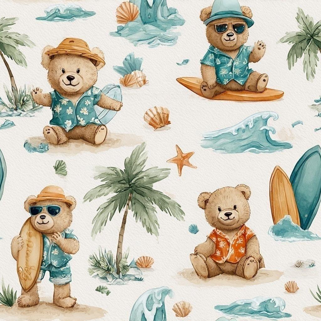 Beach Bear Watercolor Fabric, Summer Vacation Teddy, Tropical Animal Textile