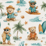 Beach Bear Watercolor Fabric, Summer Vacation Teddy, Tropical Animal Textile