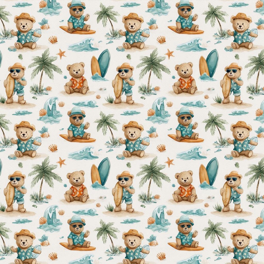 Beach Bear Watercolor Fabric, Summer Vacation Teddy, Tropical Animal Textile