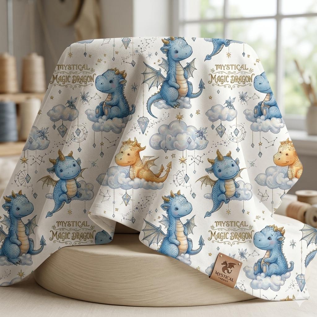 Dragon Nursery Fabric by the Yard, Watercolor Dragon Print for Baby Boy, Whimsical Fantasy Fabric, Magical Textile. Quilting & Sewing