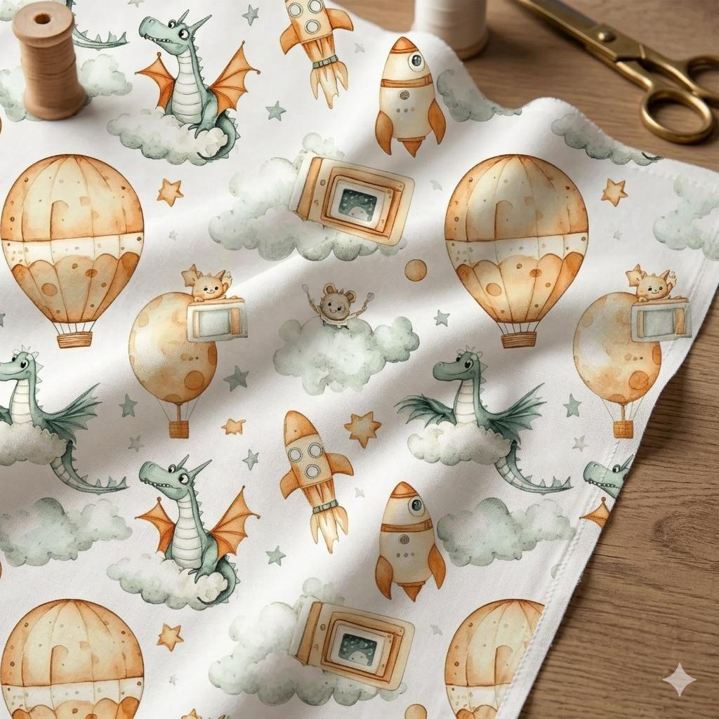 Nursery Fabric by Yard, Watercolor Dragons, Rockets, Hot Air Balloons, Kids Sewing Cloth