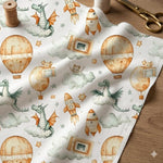 Nursery Fabric by Yard, Watercolor Dragons, Rockets, Hot Air Balloons, Kids Sewing Cloth
