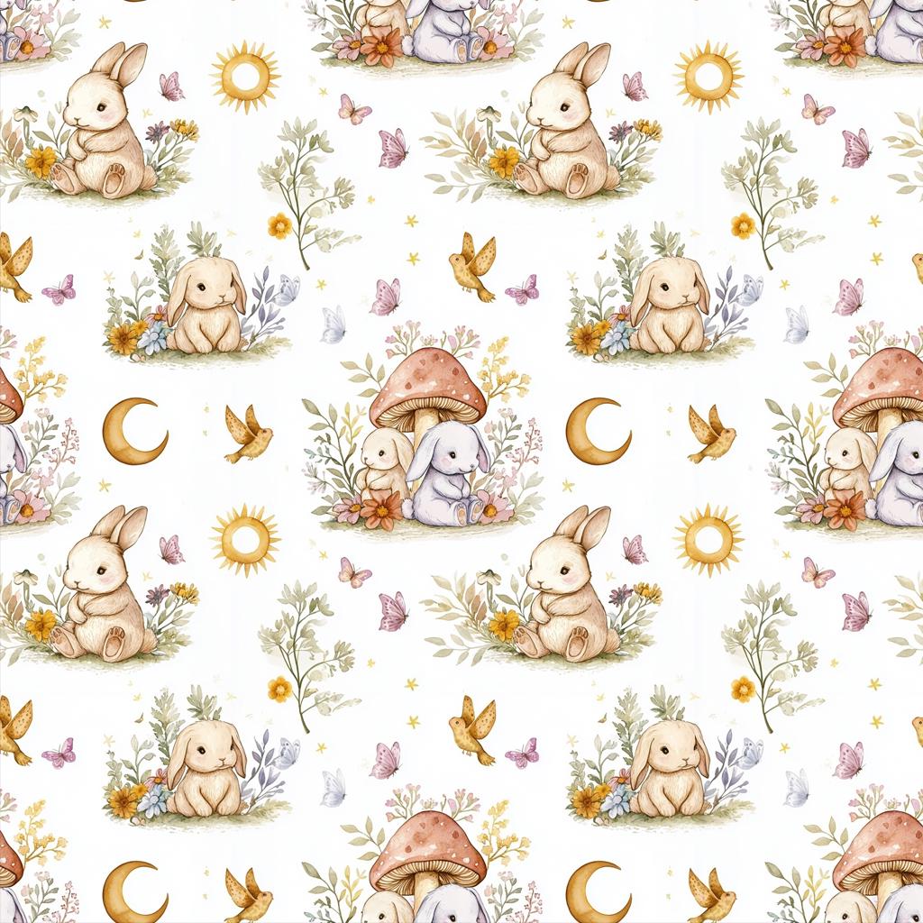 Woodland Watercolor Bunnies Fabric by Yard, Baby Nursery Sewing Textile