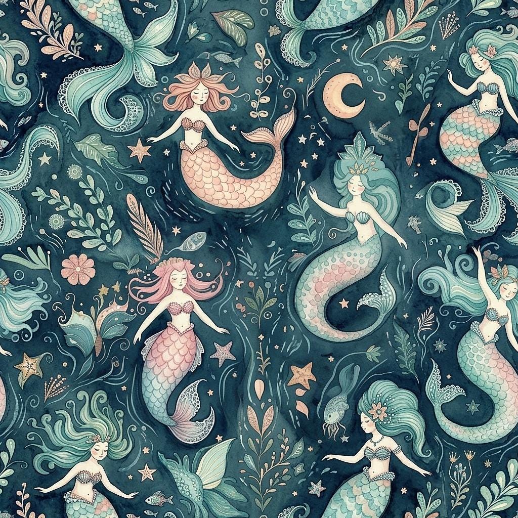 Magic Mermaid Fabric by the Yard, Cute Nursery Fabric for Baby Girl, Pastel Sea Princess Cloth, DIY Sewing, Kids Room Decor Textile