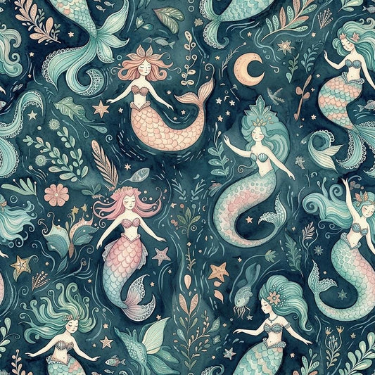 Magic Mermaid Fabric by the Yard, Cute Nursery Fabric for Baby Girl, Pastel Sea Princess Cloth, DIY Sewing, Kids Room Decor Textile
