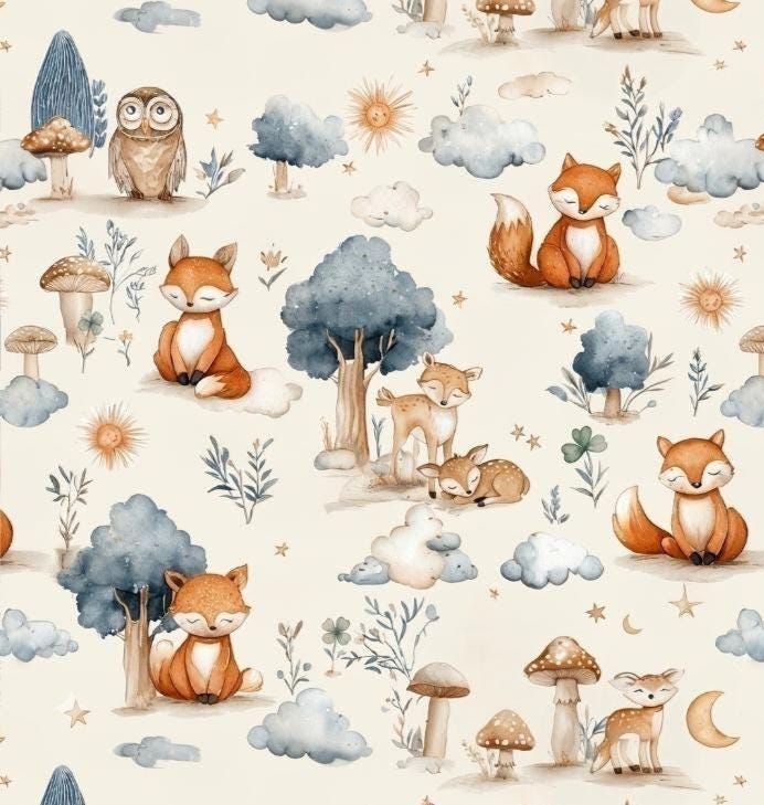 nursery fox Fabric - Watercolor  - Baby Animals Barnyard Watercolor Fabric animals fabric by the yard-meter Boy & Girl  fabric