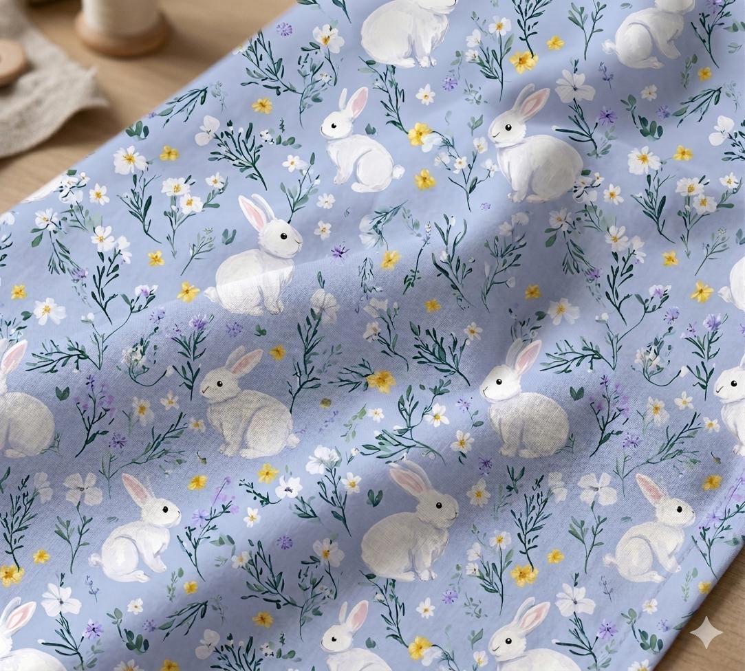 Watercolor Bunny Rabbits Fabric, Nursery Floral Print, Baby Sewing Cloth
