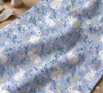 Watercolor Bunny Rabbits Fabric, Nursery Floral Print, Baby Sewing Cloth