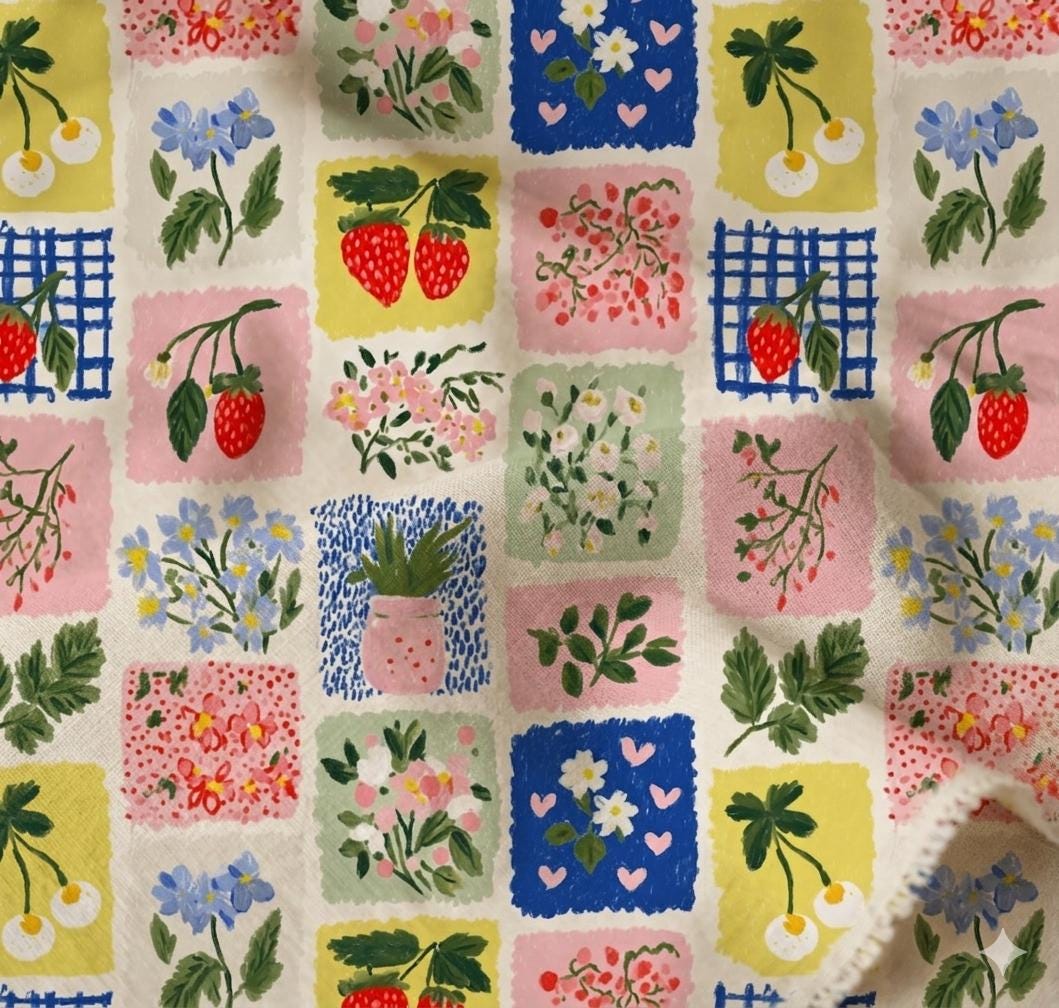 Watercolor Floral Fabric by the Yard, Nursery Baby Textile, Savannah Zoo Animals Quilting Cloth