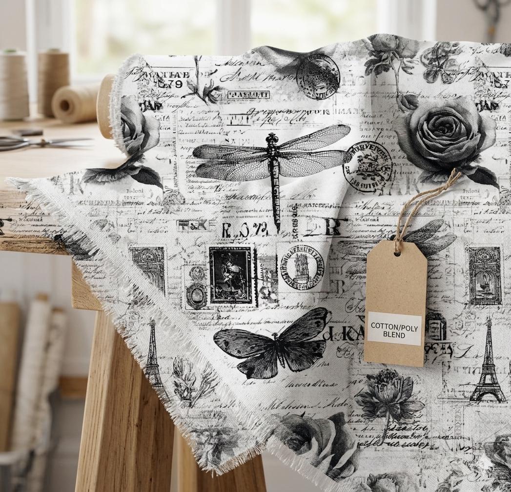 Vintage French Newspaper Print Fabric, Retro Roses Butterflies, Sewing Cloth, Antique Style Textile