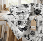 Vintage French Newspaper Print Fabric, Retro Roses Butterflies, Sewing Cloth, Antique Style Textile