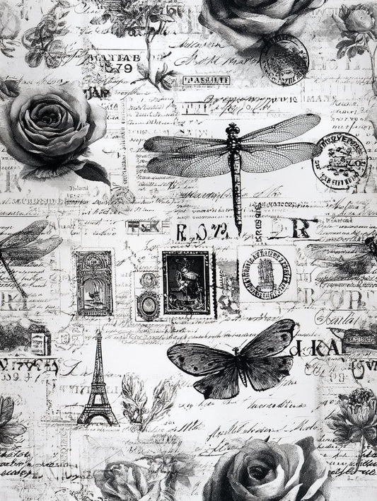 Vintage French Newspaper Print Fabric, Retro Roses Butterflies, Sewing Cloth, Antique Style Textile