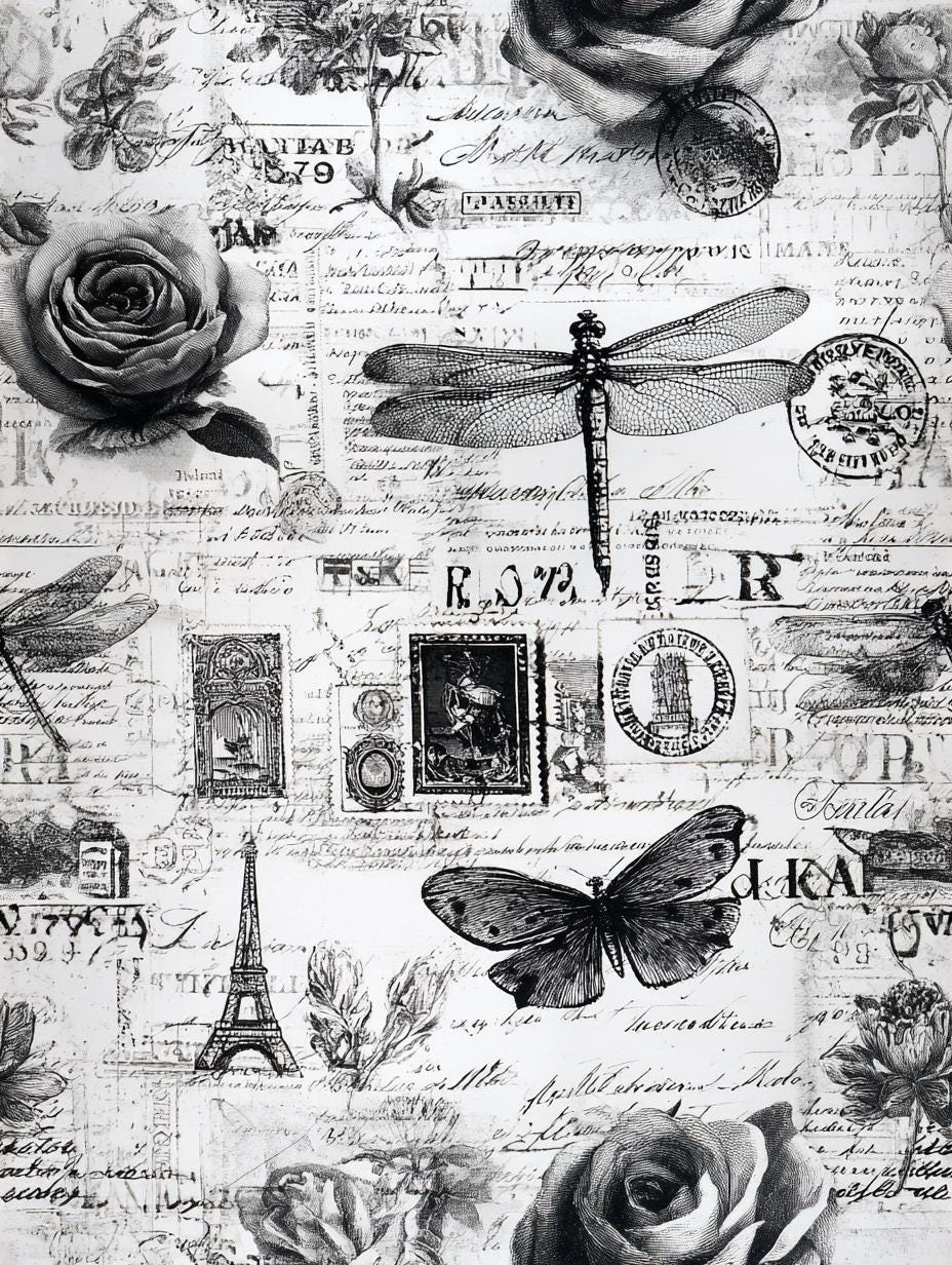 Vintage French Newspaper Print Fabric, Retro Roses Butterflies, Sewing Cloth, Antique Style Textile
