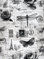 Vintage French Newspaper Print Fabric, Retro Roses Butterflies, Sewing Cloth, Antique Style Textile