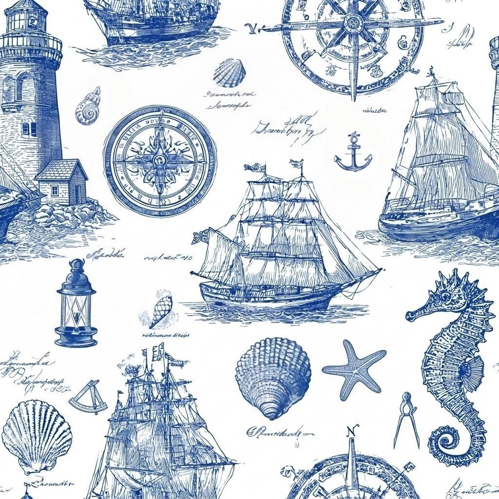 sea pattern, ocean Print Fabric by the Yard, Retro Lettering Polyester Cloth for Sewing, News Textile for DIY Crafts, Antique Style