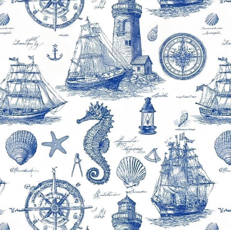sea pattern, ocean Print Fabric by the Yard, Retro Lettering Polyester Cloth for Sewing, News Textile for DIY Crafts, Antique Style