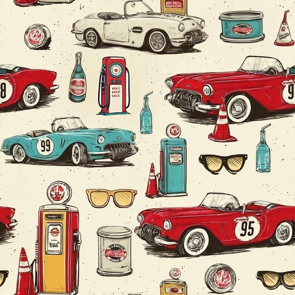 vintage car Print Fabric, Retro Roses Butterflies, Sewing Cloth, Antique Style Textile