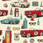 vintage car Print Fabric, Retro Roses Butterflies, Sewing Cloth, Antique Style Textile
