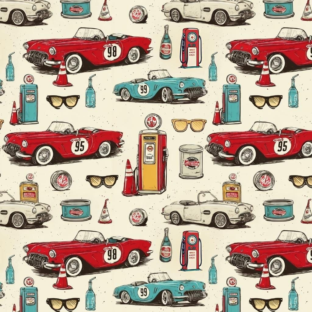 vintage car Print Fabric, Retro Roses Butterflies, Sewing Cloth, Antique Style Textile