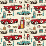 vintage car Print Fabric, Retro Roses Butterflies, Sewing Cloth, Antique Style Textile