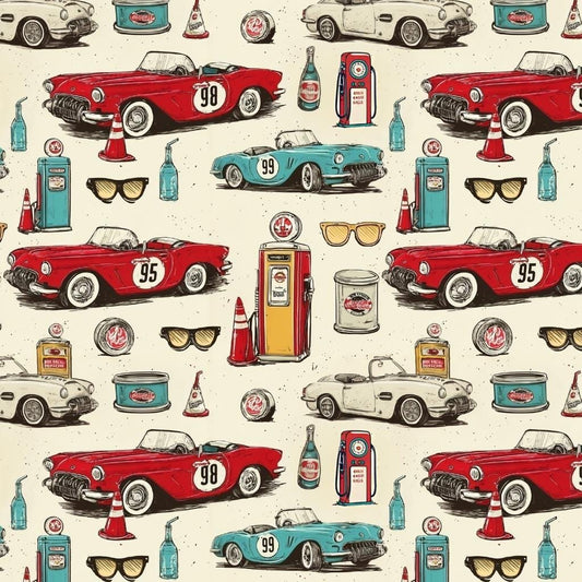 vintage car Print Fabric, Retro Roses Butterflies, Sewing Cloth, Antique Style Textile