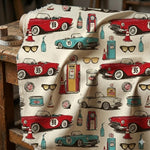 vintage car Print Fabric, Retro Roses Butterflies, Sewing Cloth, Antique Style Textile