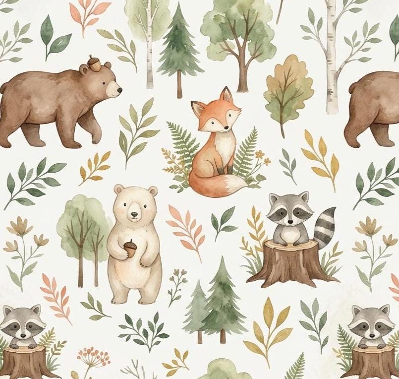 Fabric in Cute Autumn Forest Nursery Nature Woodland watercolor Animals Baby Friends